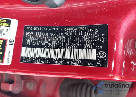 2016 Toyota Corolla Le z USA, uszkodzony, nr VIN 2T1BURHE1GC485119